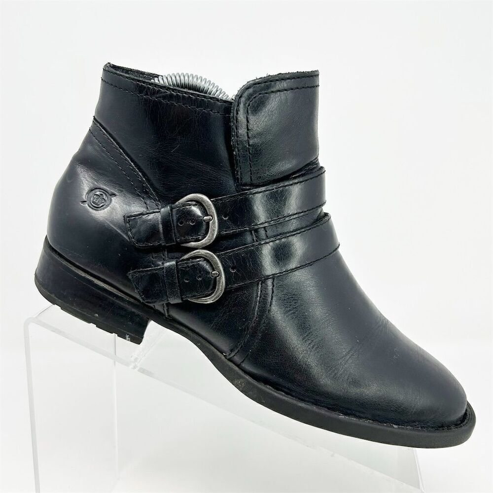 Born Women's Black Leather Ankle Booties Size 7.5 Casual Zip Buckle